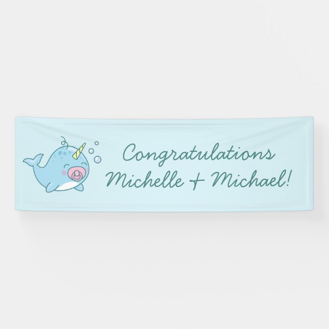 Niedlich Narwhal Baby Shower Kawaii Pink Girl Banner (Horizontal)