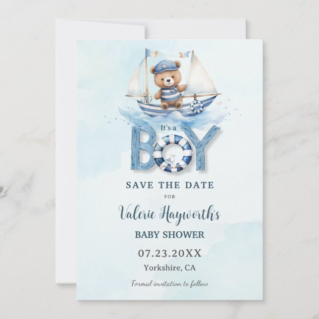 Niedlich Nautical Blue Boat Teddy Bear Boy Baby Du Save The Date (Vorderseite)