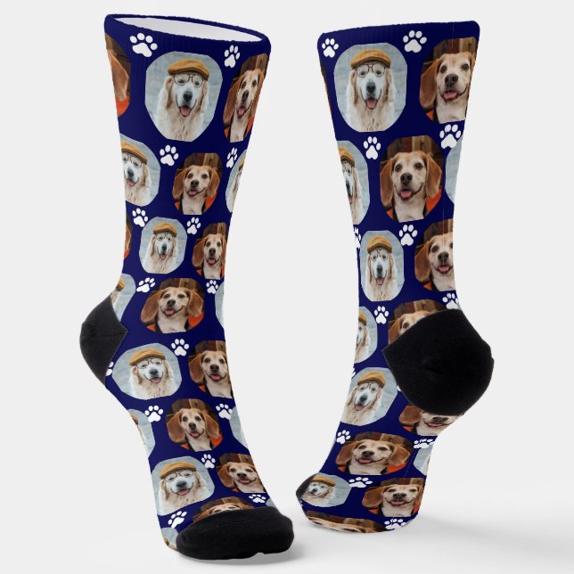 Niedlich Navy Blue 2 Pet 2 Foto Paw Print Socken (Gewinkelt)