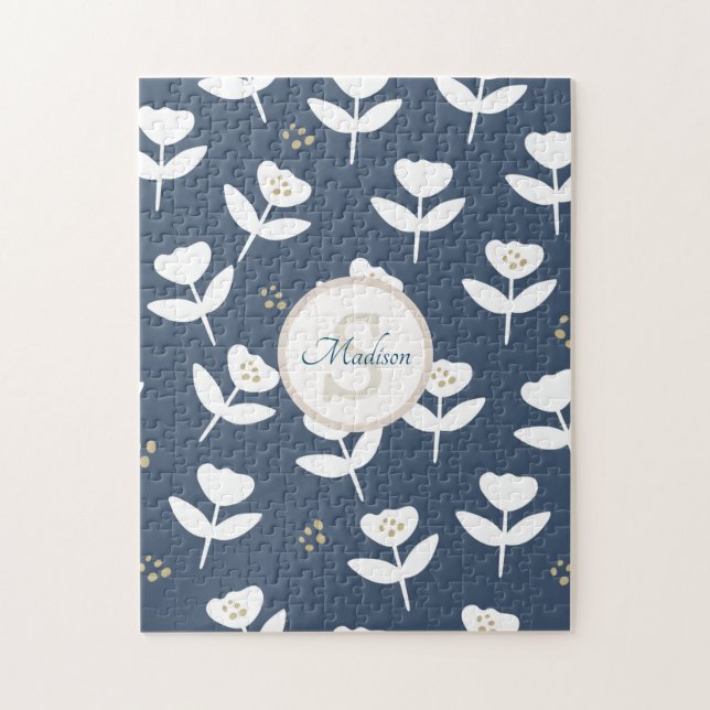 Niedlich Navy Blue Floral Monogram Puzzle (Vertikal)