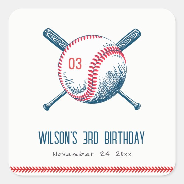 Niedlich Navy Red Baseball Bat Star Kindergeburtst Quadratischer Aufkleber (Vorderseite)