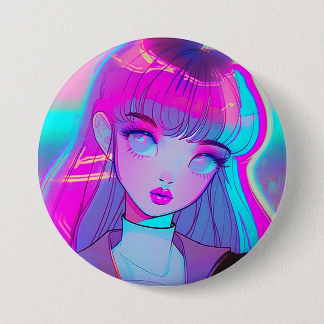 Niedlich Neon Anime Girl Button (Vorderseite)