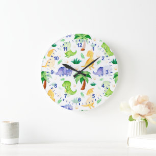 Niedlich Neon Watercolor Dinosaurier Muster Große Wanduhr