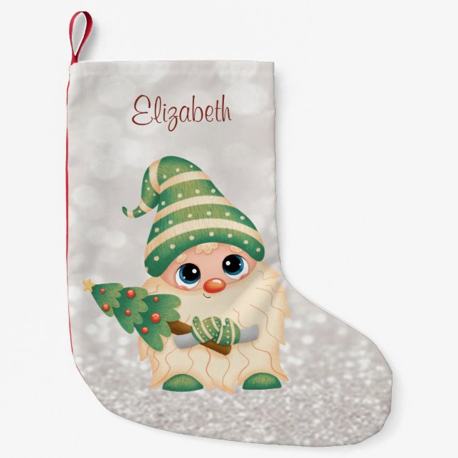 Niedlich Nordic Gnome, Pine Tree Glittery Bokeh Kleiner Weihnachtsstrumpf (Vorderseite)