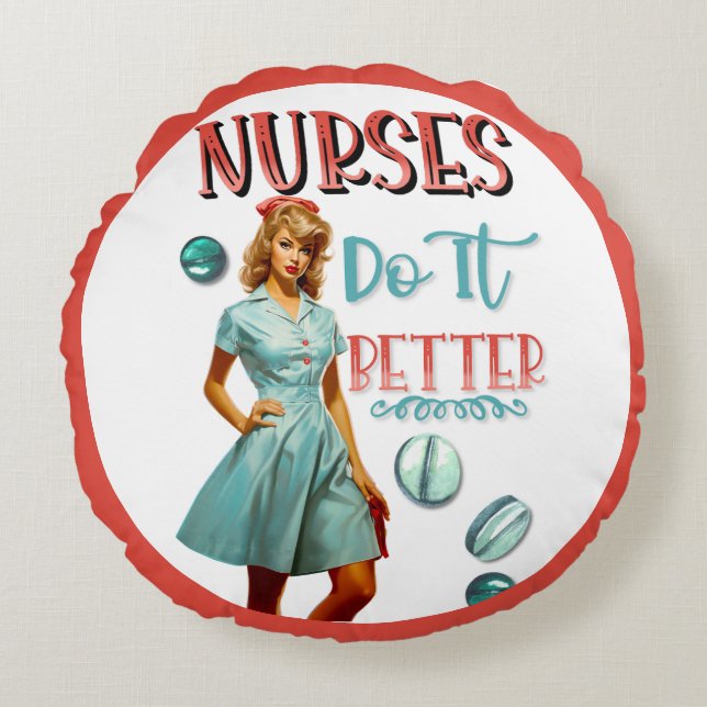 Niedlich Nostalgische Krankenschwestern Pinup Nurs Rundes Kissen (Vorderseite)