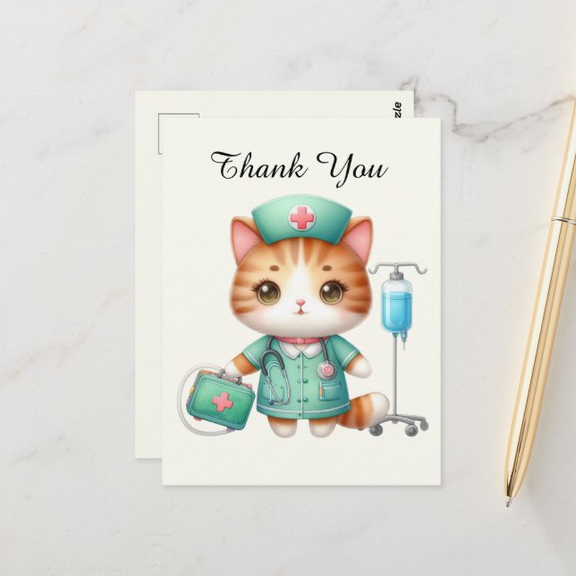 Niedlich Nurse danke Katze Postkarte (Vorderseite/Rückseite Beispiel)