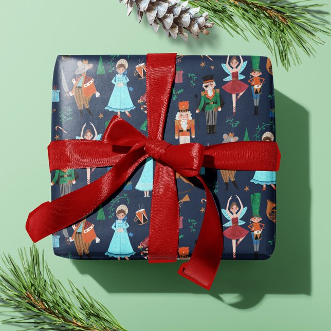 Niedlich Nutcracker Dark Blue Weihnachtsfeiertag Geschenkpapier (Cute Nutcracker Dark Blue Christmas Holiday Wrapping Paper)
