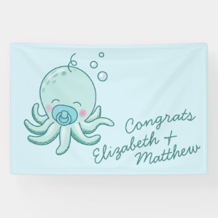 Niedlich Octopus Baby Shower Kawaii Blue Boy Banner