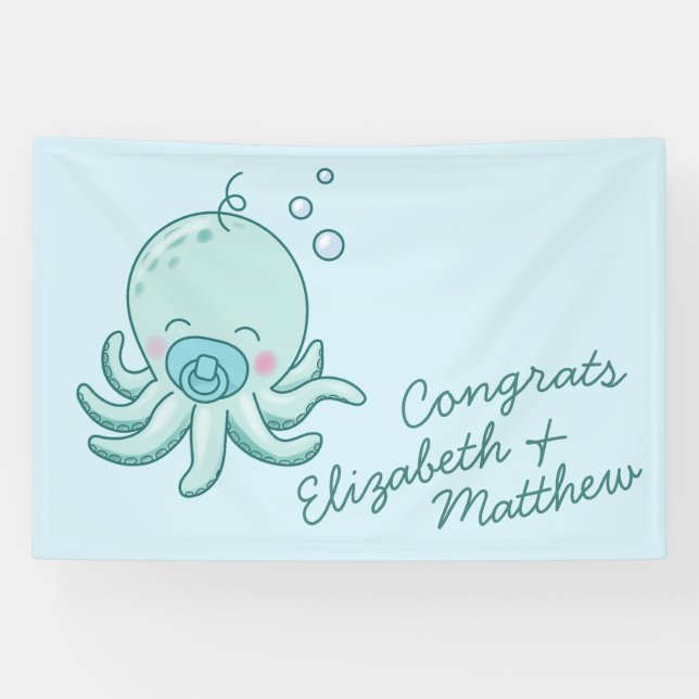 Niedlich Octopus Baby Shower Kawaii Blue Boy Banner (Horizontal)