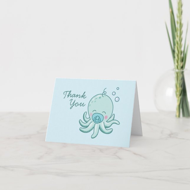 Niedlich Octopus Baby Shower Kawaii Blue Boy Dankeskarte (Vorderseite)