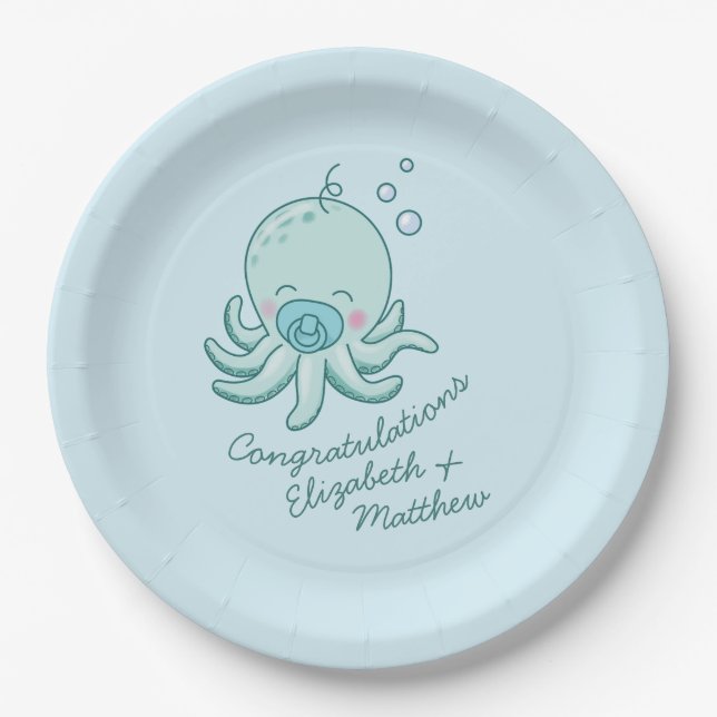 Niedlich Octopus Baby Shower Kawaii Blue Boy Pappteller (Vorderseite)