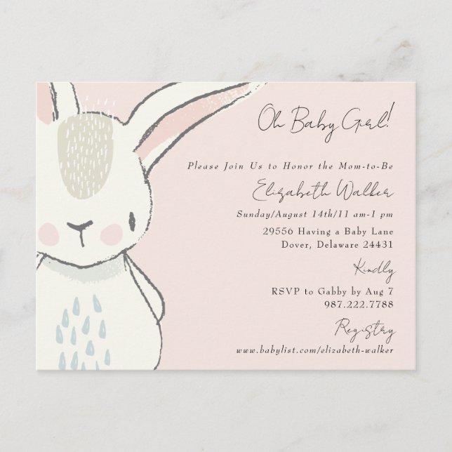 Niedlich Oh Baby Girl Bunny Pink Baby Dusche Postkarte (Vorderseite)
