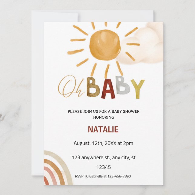 Niedlich OH Baby Watercolor Sonnenschein Babydusch Einladung (Vorderseite)