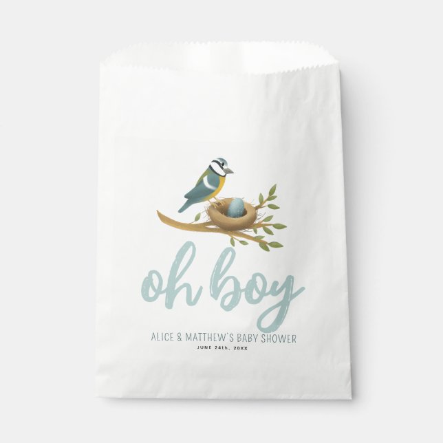 Niedlich Oh Boy Blue Bird Nest Baby Dusche Geschenktütchen (Vorderseite)