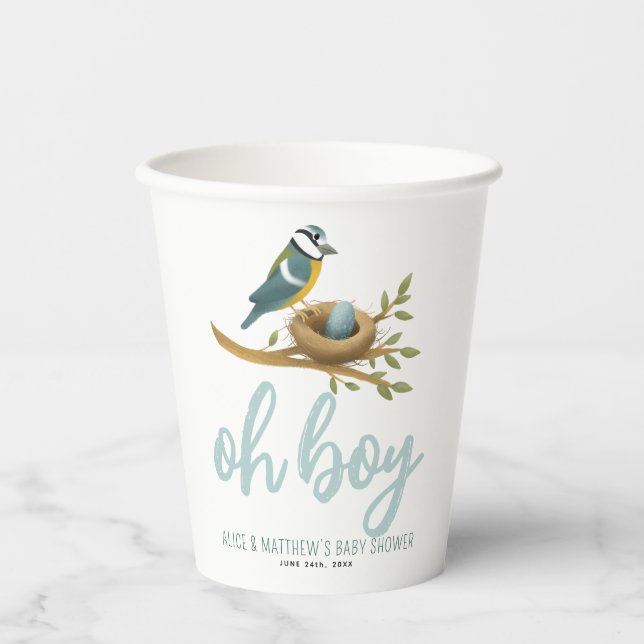 Niedlich Oh Boy Blue Bird Nest Baby Dusche Pappbecher (Vorderseite)