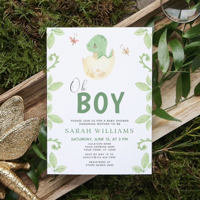 Niedlich Oh Boy Dinosaur Green Watercolor Babydusc Einladung (Get ready for a Jurassic celebration with our adorable dinosaur baby shower invitations! 🦕)