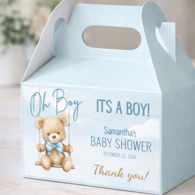 Niedlich Oh Junge, es ist ein Junge Bär Danke, Bab Geschenkschachtel (Elegant baby shower favor box with teddy bear theme and soft blue details.)