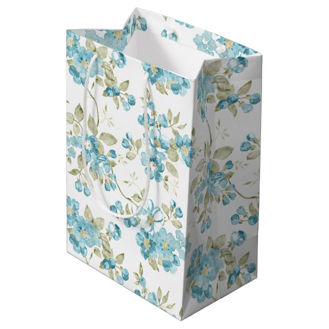 Niedlich Olive Green Aqua Türkis Flora Aqua Mittlere Geschenktüte (Rückseite Schrägansicht)