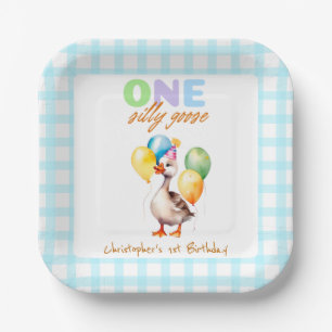 Niedlich One Albern Goose Blue Gingham 1. Geburtst Pappteller