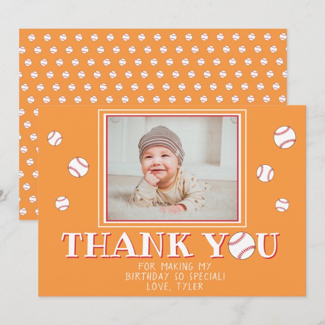 Niedlich Orange Baseball Balls Geburtstag Foto Dankeskarte (Vorne/Hinten)
