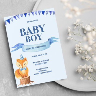 Niedlich Orange Blue Watercolor Fox Boy Baby Dusch Einladung