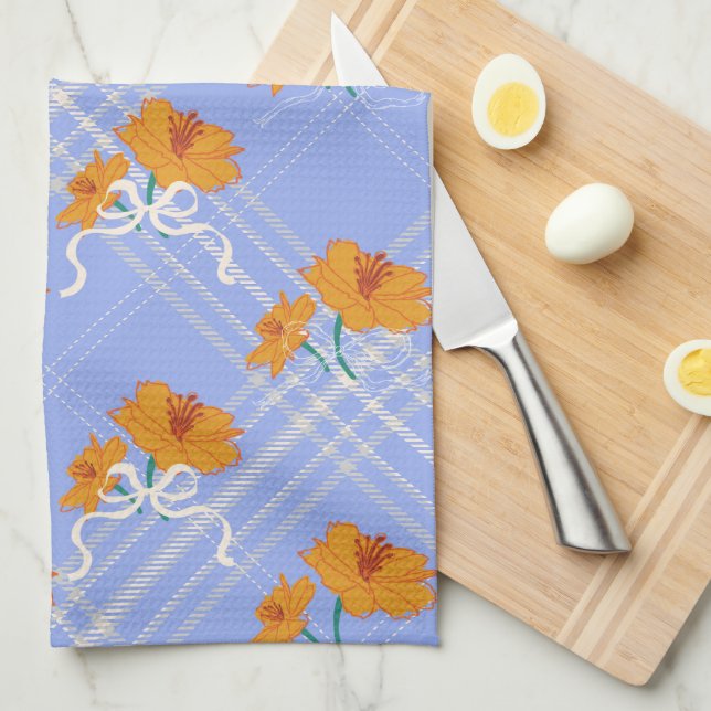 Niedlich Orange Blume Nahtlos auf Kariert Blue Geschirrtuch (Viertel Falte)