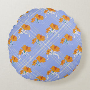 Niedlich Orange Blume Nahtlos auf Kariert Blue Rundes Kissen