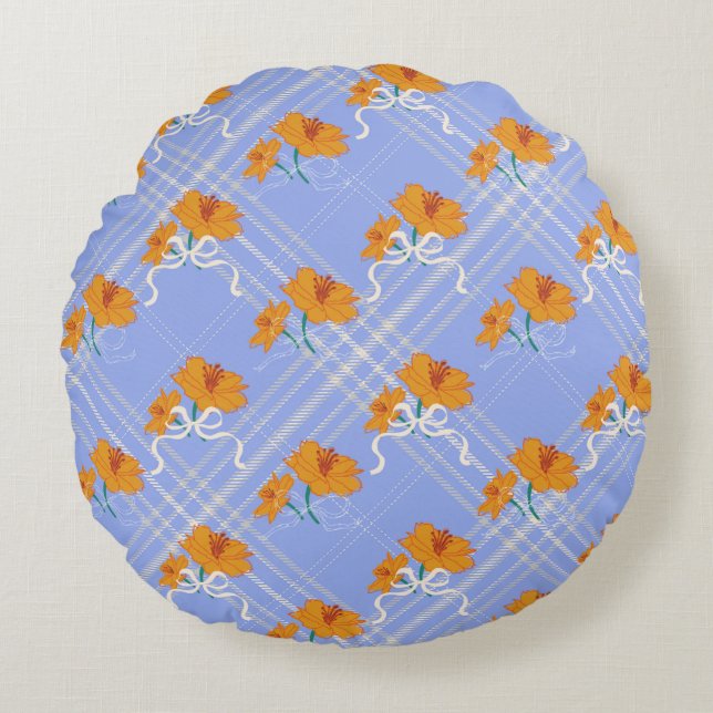 Niedlich Orange Blume Nahtlos auf Kariert Blue Rundes Kissen (Vorderseite)