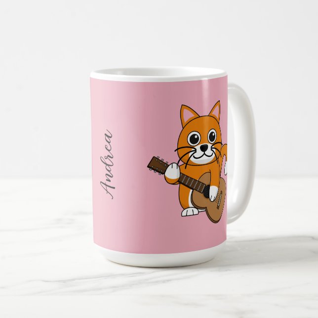 Niedlich Orange Cat Playing Gitarre Cartoon | Name Kaffeetasse (VorderseiteRechts)