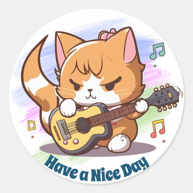 Niedlich Orange Cat Playing Guitar Runder Aufkleber (Vorderseite)