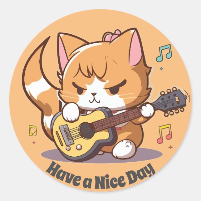 Niedlich Orange Cat Playing Guitar Runder Aufkleber (Vorderseite)