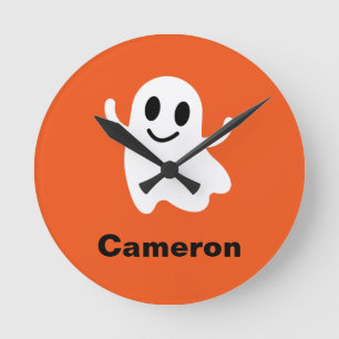 Niedlich Orange Circle Lächeln Halloween Ghost Runde Wanduhr