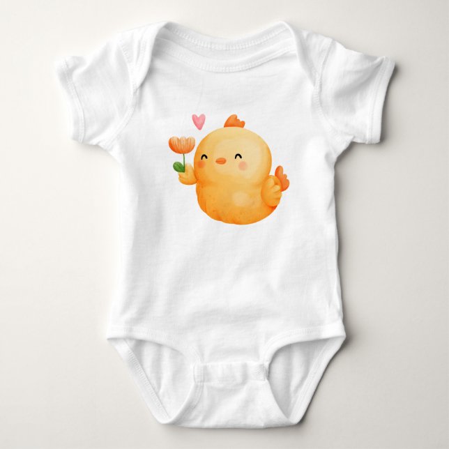 NIEDLICH ORANGE EASTER CHICK MIT PINK-BLUME BABY STRAMPLER (Vorderseite)