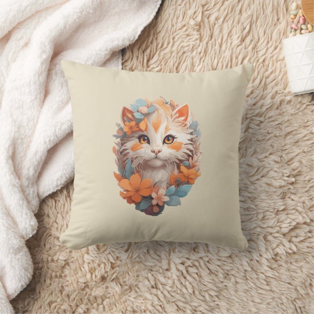 Niedlich Orange Floral Kitty Cat Kissen (Decke)