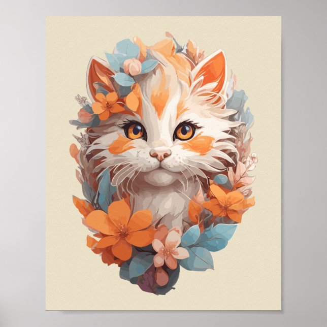 Niedlich Orange Floral Kitty Cat Poster (Vorne)