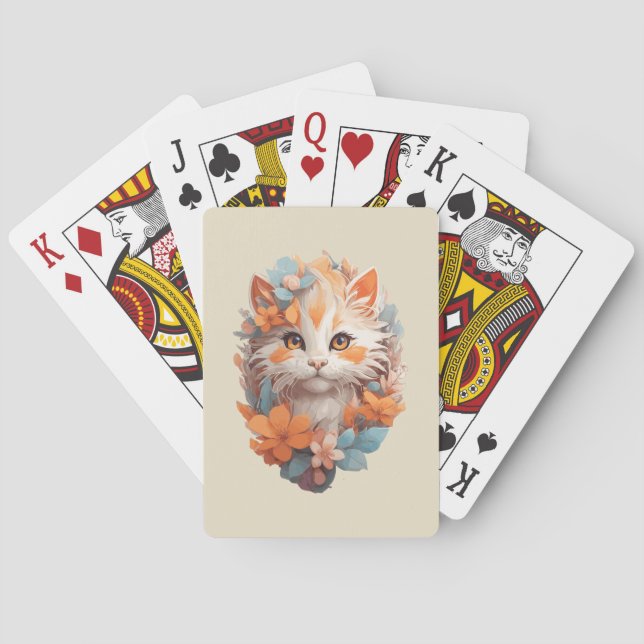 Niedlich Orange Floral Kitty Cat Spielkarten (Rückseite)