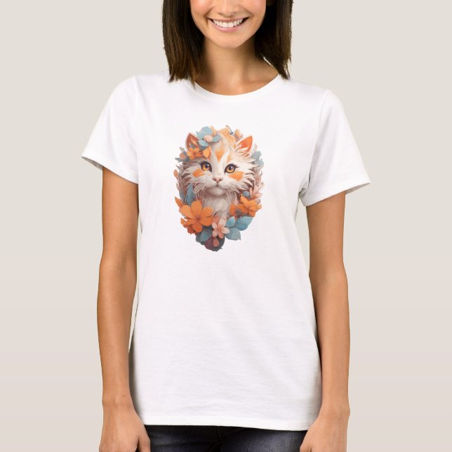 Niedlich Orange Floral Kitty Cat T-Shirt (Vorderseite)