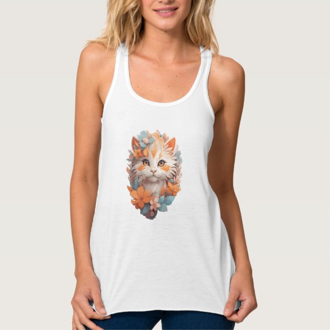 Niedlich Orange Floral Kitty Cat Tank Top (Vorderseite)