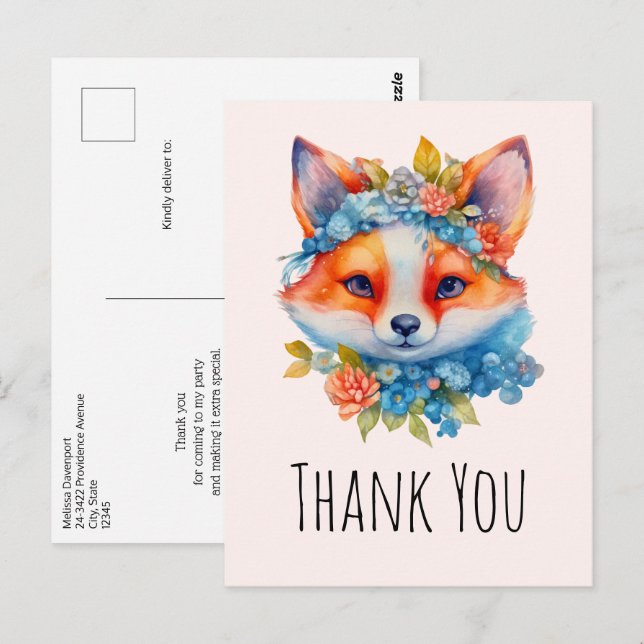 Niedlich Orange Fox mit Blumenkronen Vielen Dank Postkarte (Vorne/Hinten)