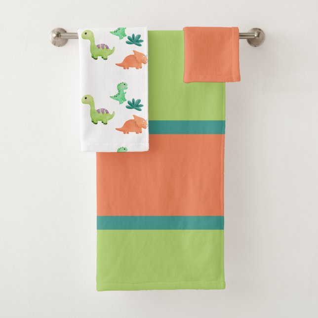 Niedlich Orange & Green Dinosaurier Badhandtuch Set (Insitu)