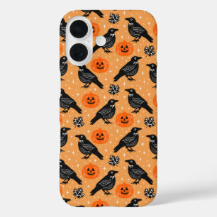 Niedlich Orange Halloween Crow Pumpkin Pattern iPhone 16 Hülle