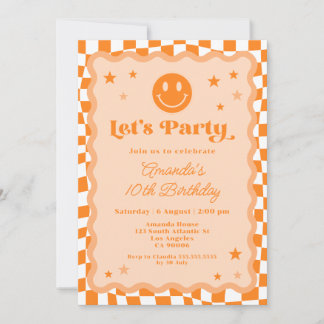 Niedlich Orange Happy Face Checkered Girl Birthday Einladung