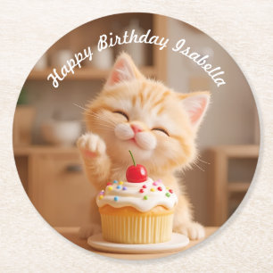 Niedlich Orange Kitten mit einem Cupcake Runder Pappuntersetzer
