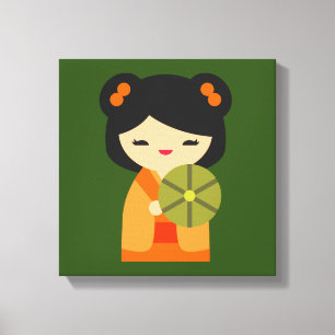 Niedlich orange Kokeshi Japanisch Puppen Leinwanddruck