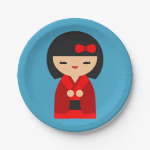 Niedlich orange Kokeshi Japanische Puppen Pappteller