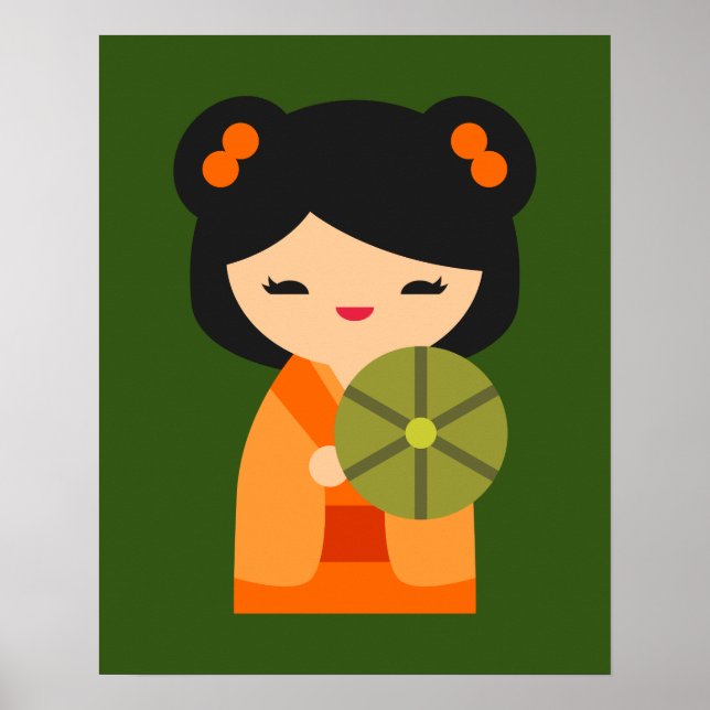 Niedlich orange Kokeshi Japanische Puppen Poster (Vorne)