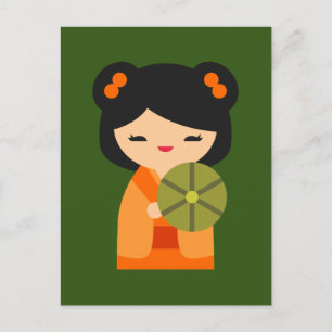 Niedlich orange Kokeshi Japanische Puppen Postkarte