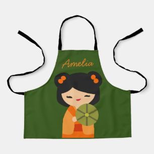 Niedlich orange Kokeshi Japanische Puppen Schürze