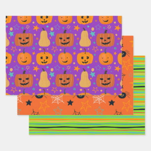 Niedlich Orange Lila Green Fun Halloween Muster Geschenkpapier Set