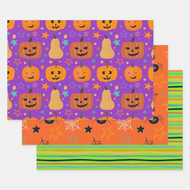 Niedlich Orange Lila Green Fun Halloween Muster Geschenkpapier Set (Set)
